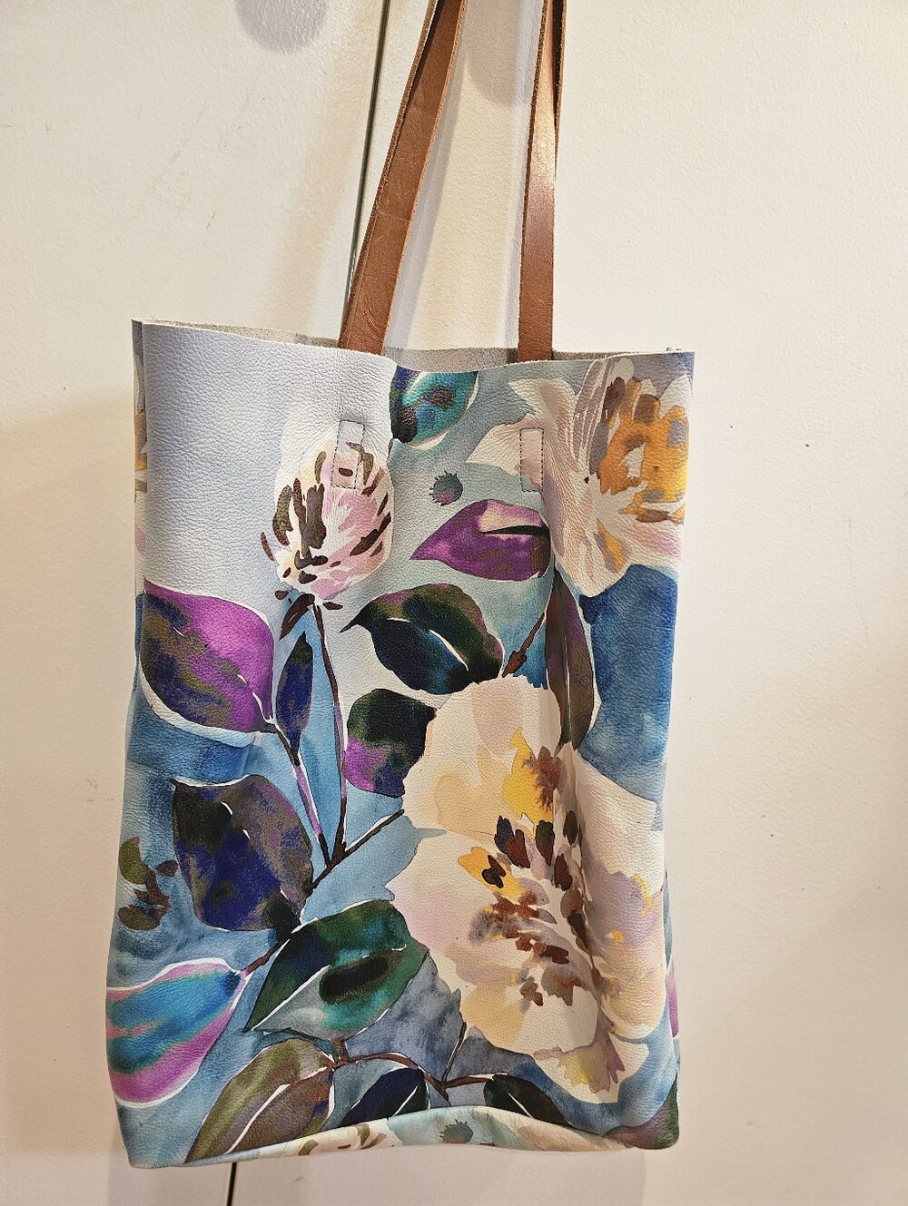 Anthropologie Evgenia Floral Tote Bag 100% Leather Open Top Carryall EUC